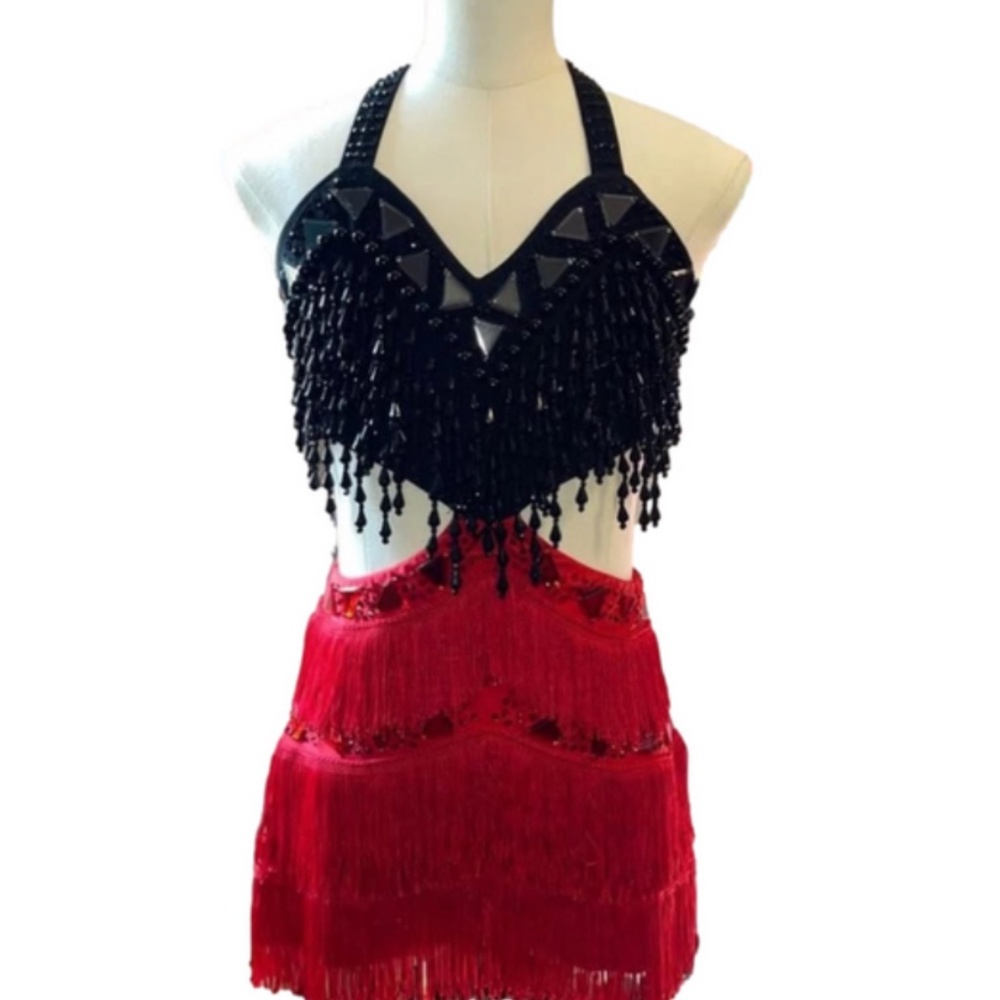 Glamour Costumes Red & Black Beaded Fringe Dance Costume – Adult Medium